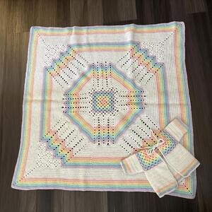 Vintage Crochet Baby Blanket Jacket Set 31" x 31" Newborn Rainbow Handmade